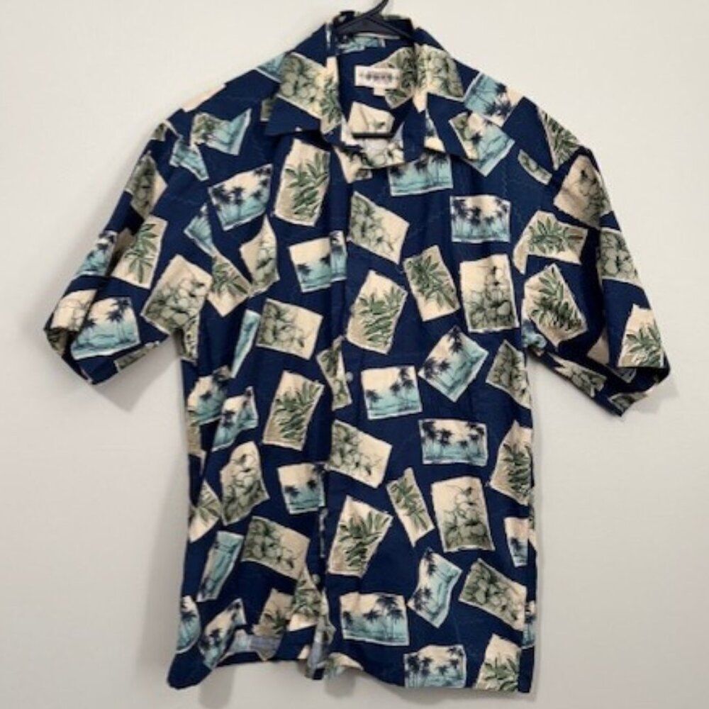 USED Men's Campia Short Sleeve Button Down Shirt Color Green and Blue Size Large